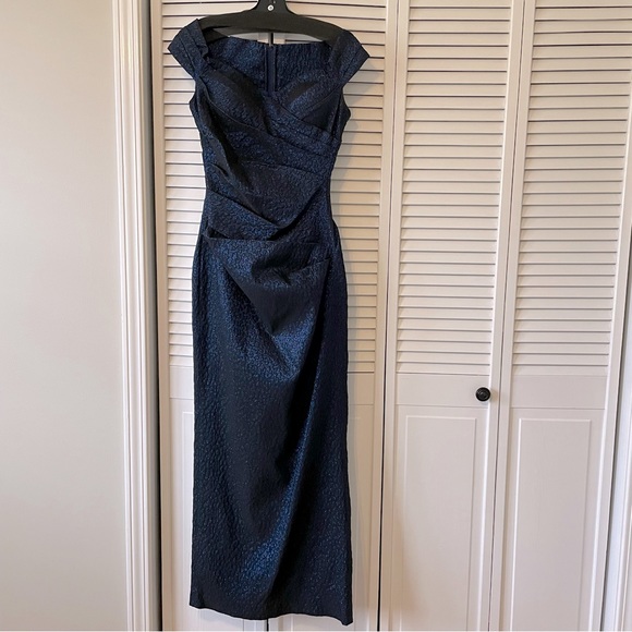 Rickie Freeman for Teri Jon Ruched One-Shoulder Metallic Jacquard Dress, Navyblack, Women's, 6, One-Shoulder Dresses